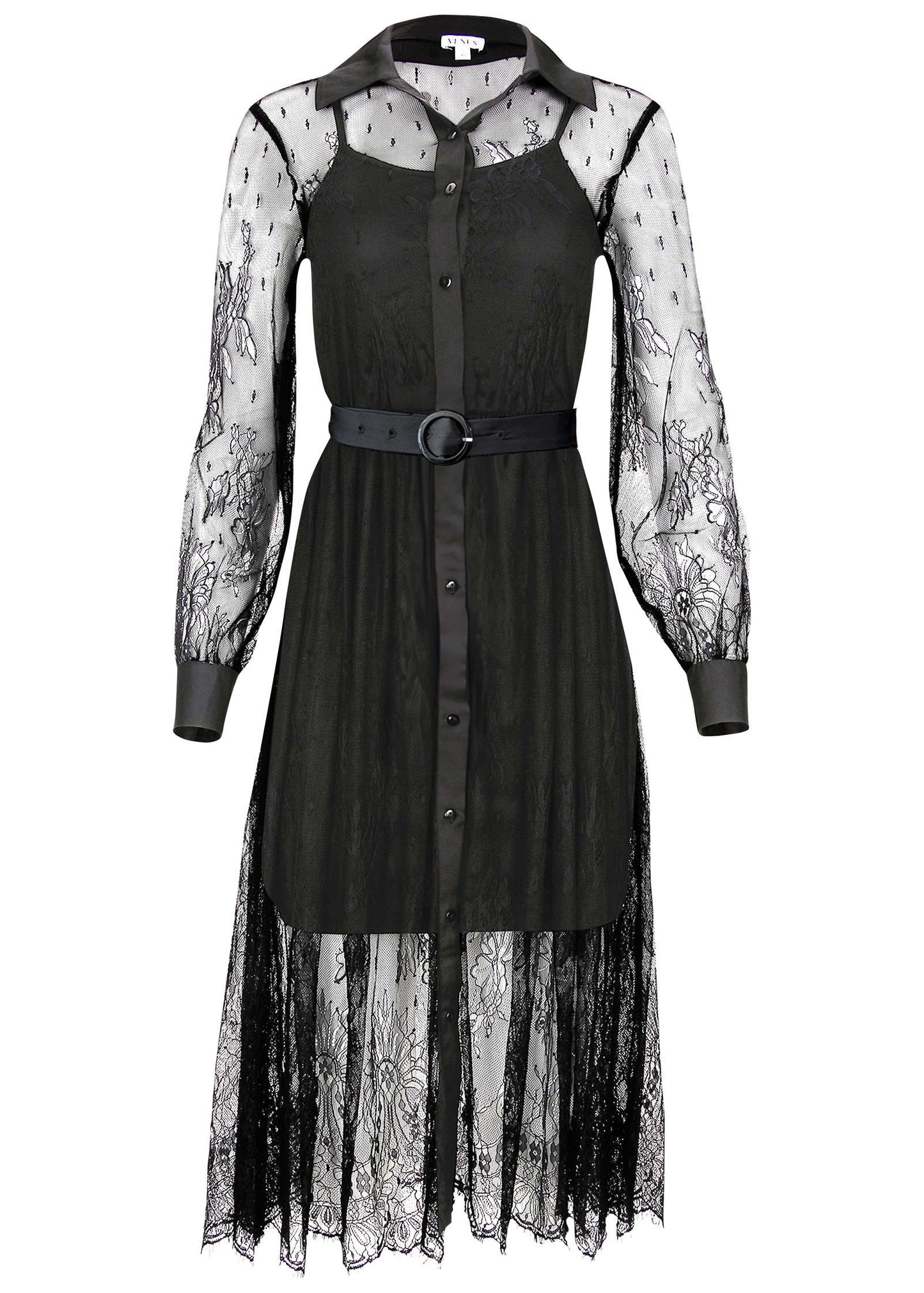 Lace Belted Midi Dress - Black