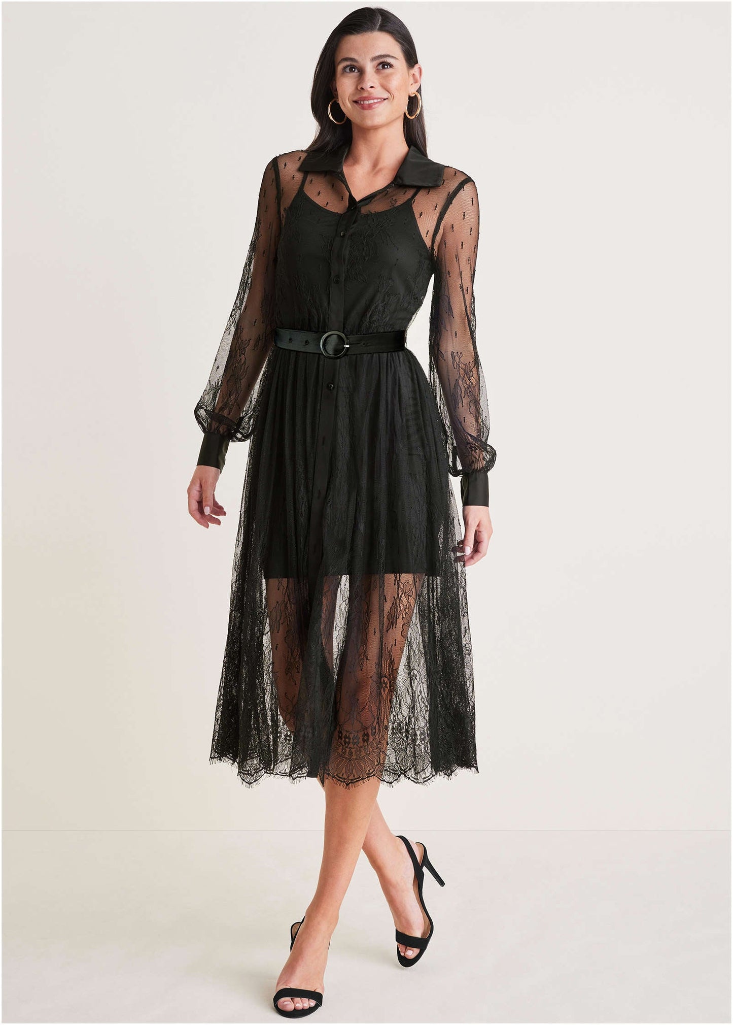 Lace Belted Midi Dress - Black