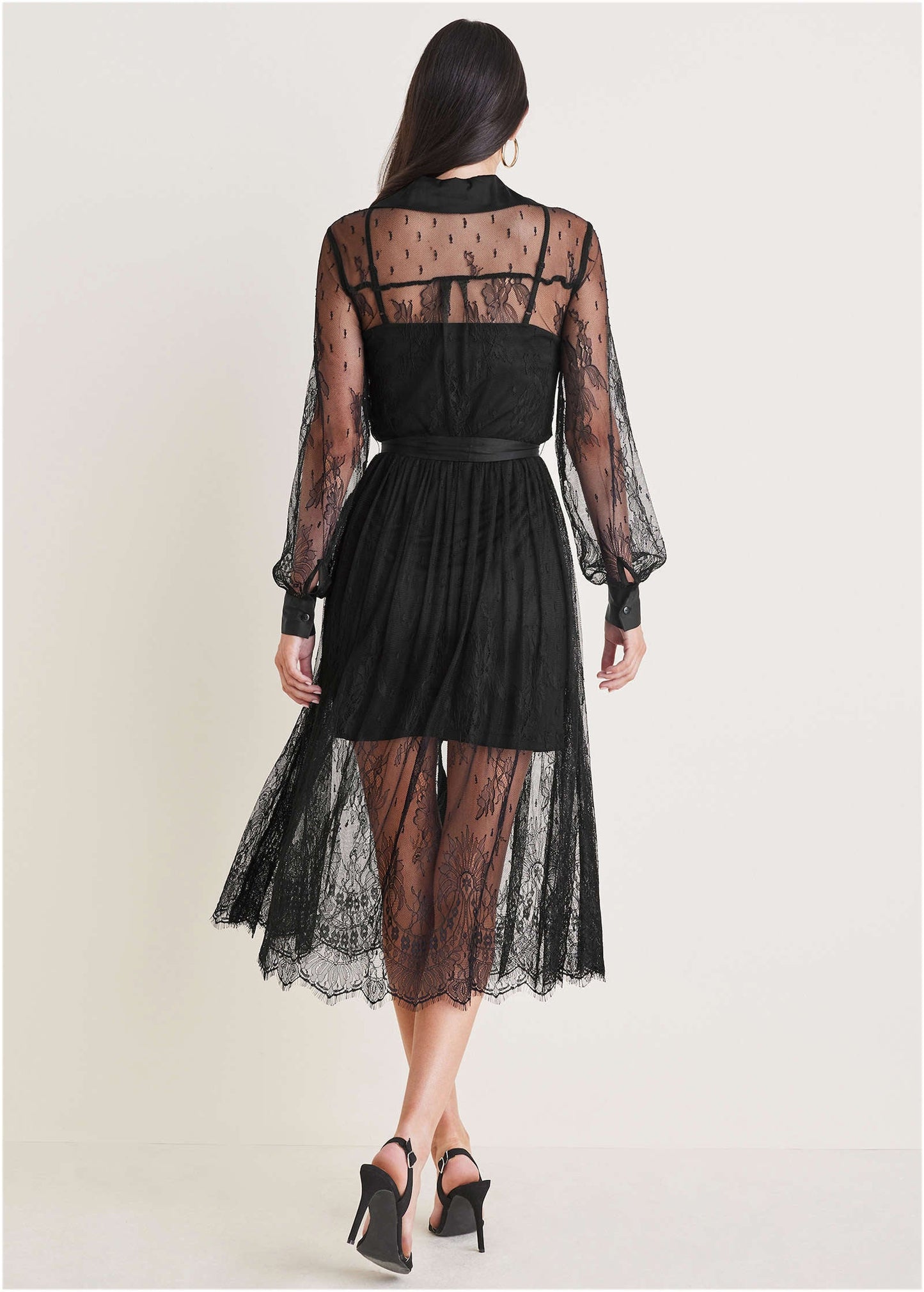 Lace Belted Midi Dress - Black